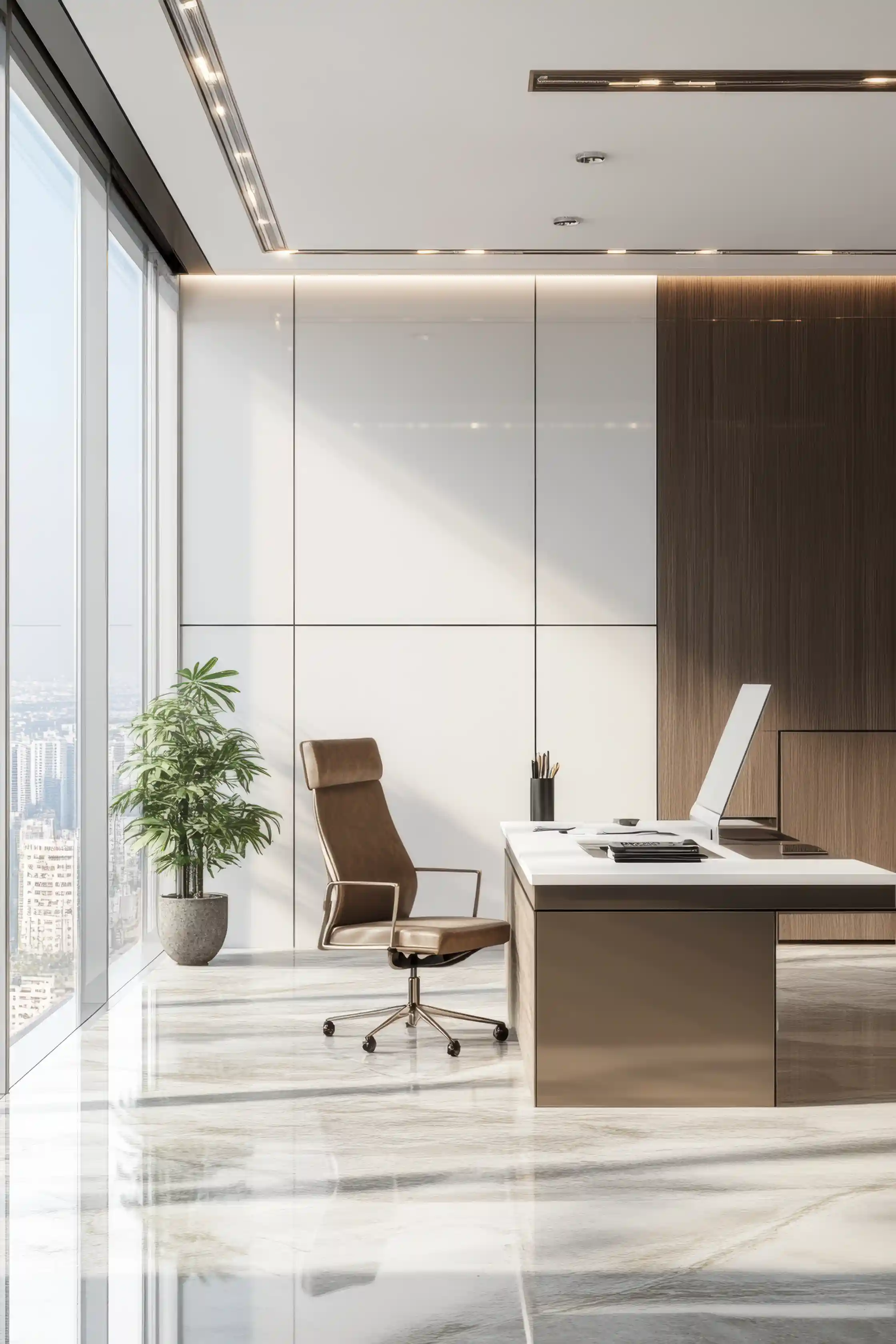 Minimalist executive office with marble floors, a leather chair, and panoramic city views through floor-to-ceiling glass