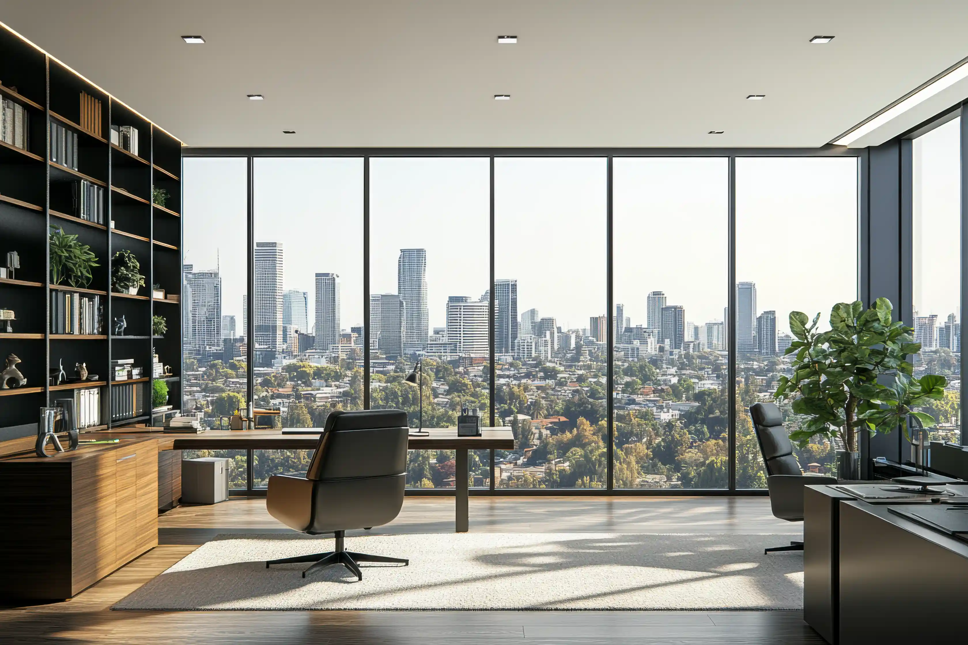 Spacious corner office with dark shelving, a large executive desk, and floor-to-ceiling windows overlooking a city skyline
